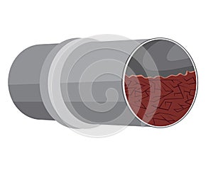 A cutaway pipe and blockage in a land irrigation pipeline isolated on a white background for design, a  stock illustration