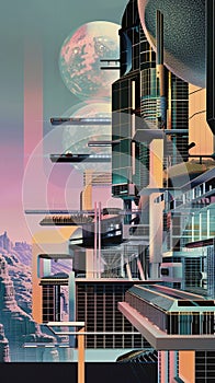 Cutaway section architecture illustration retro futurism