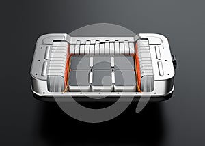 Cutaway view of electric vehicle battery pack on black background