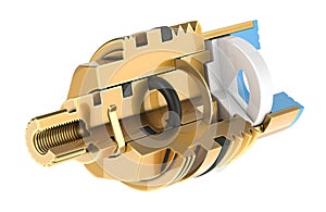 Cutaway view of standard washer tap valve headwork compression gland, 3D rendering