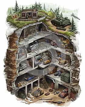 A cutaway view of a subterranean military complex, with detailed sections of vehicle storage, weaponry, and command photo