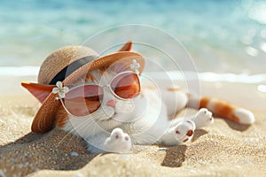 A cute 3D cartoon cat wearing sunglasses and a sun hat is chilling on the sandy beach enjoying the summer vibes. by AI