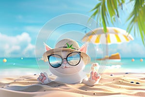 A cute 3D cartoon cat wearing sunglasses and a sun hat is chilling on the sandy beach enjoying the summer vibes. by AI