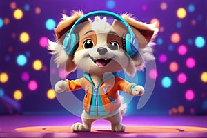 A cute 3D cartoon character dog character rendering wearing headphones, giving off a charming and musical vibe