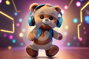 A cute 3D cartoon character teddy bear character rendering wearing headphones, giving off a charming and musical vibe