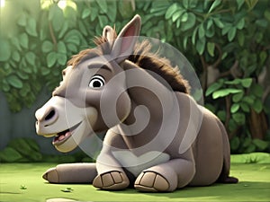 A cute 3D cartoon donkey sits, full of charm and character in a delightful portrayal