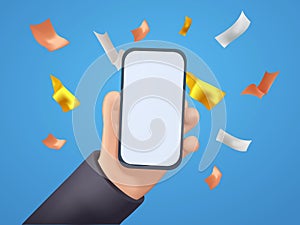 Cute 3D cartoon hand holding mobile smart phone with celebratory confetti flying around. Winner concept. Modern mockup.