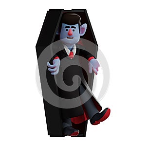 Cute 3D Dracula Vampire Cartoon Illustration comes out from a coffin