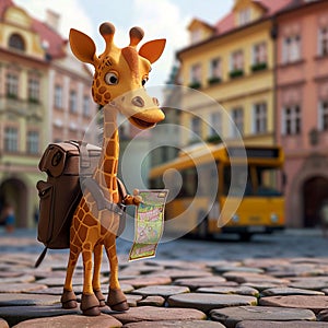 A cute 3d giraffe with a backpack and a map travels through the cities of Europe.