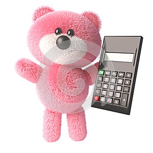 Cute 3d pink fluffy teddy bear soft toy character holding a digital calculator, 3d illustration