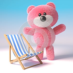 Cute 3d pink fluffy teddy bear soft toy character standing next to a deckchair, 3d illustration