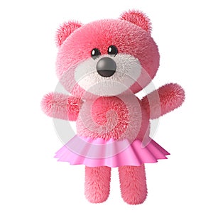 Cute 3d pink fluffy teddy bear soft toy character wearing a pink fairy tutu dress, 3d illustration