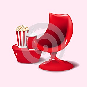 Cute 3d popcorn and soft drink with comfortable chair graphic vector illustration isolate on pink