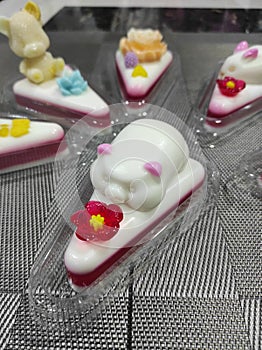 Cute 3D Rabbit and pig bear cat of Coconut milk jelly cake