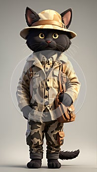 Cute 3D toy Black Ð¡at dressed in Safari Clothes.