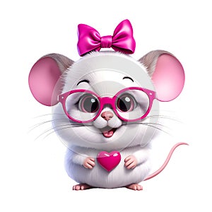 Cute 3d white fat funny mouse in pink glasses with a pink bow