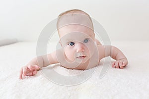 Cute 4 months baby girl in diaper lying on belly at home