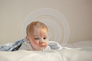 Cute 4 months old baby boy having tummy time on white quilt covered with blue blanket