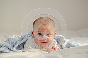 Cute 4 months old baby boy having tummy time on white quilt covered with blue blanket