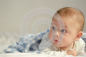 Cute 4 months old baby boy having tummy time on white quilt covered with blue blanket