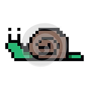 Cute 8 bit garden snail vector illustration. Garden mollusk pixel art. Retro game bug sprite