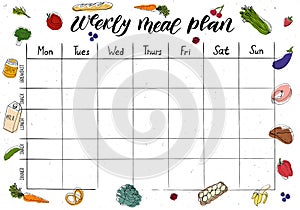 Cute A4 template for weekly and daily meal planner with lettering and doodle drawings of food.