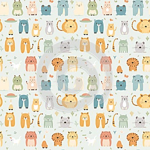 cute abstract animals lion, bear, cat color seamless pattern for baby shower decor, nursery print, kids apparel, wrapping paper,