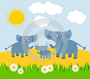 Cute cartoon happy family of elephants basking in the sun on a lawn with grass and daisies
