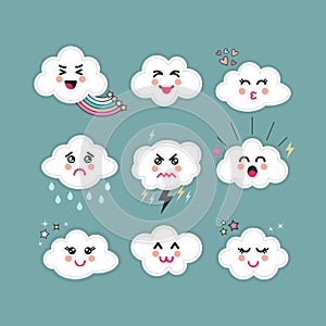 Cute abstract clouds emoji icons set with different expressions on blue