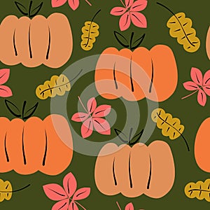 Cute abstract fall seamless vector pattern background illustration with pumpkins and autumn leaves