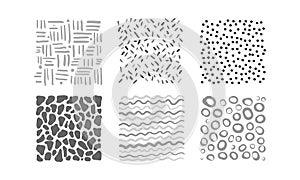Cute abstract irregular patterns set, black, gray, white textures vector Illustration on a white background