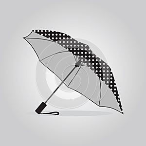 Cute abstract isolated black retro open umbrella icon on the ground with shadow and polka dot pattern on gray gradient