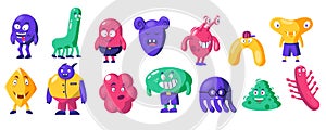 Cute abstract monsters. Doodle funny shapes alien characters with different emotions, figures with cute faces. Vector childish