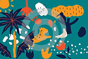 Cute abstract poster. Doodle wild animals and plants, scribble style elements, cat and birds, trees and palms, leaves