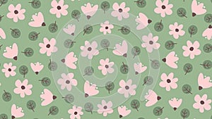 seamless vector pattern background illustration with pink daisy flowers and green rounded leaves photo