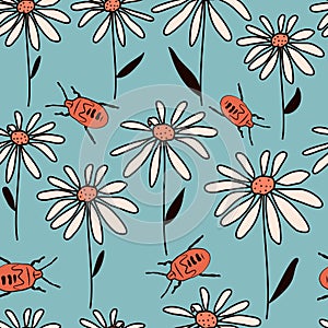 Cute abstract simple seamless vector pattern illustration with colorful daisy flowers and red insects on blue background