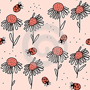 Cute abstract simple seamless vector pattern illustration with colorful daisy flowers and red ladybug insects on pink background