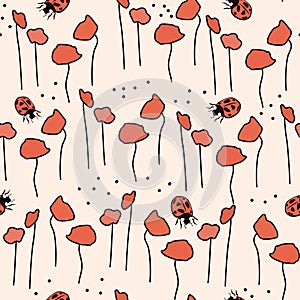 Cute abstract simple seamless vector pattern illustration with red poppies flowers and red ladybug insects on pastel background