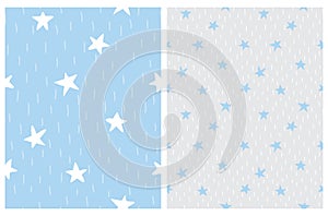 Cute Abstract Starry Sky Vector Patterns Set with Simple Hand Drawn Spots and Stars.