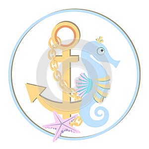 Cute abstract underwater composition. Ship anchor with chain and blue sea horse and starfish. Pastel color. Sea collection.