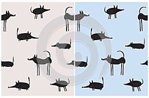 Cute Abstract Vector Patterns Set with Simple Infantile Style Hand Drawn Dogs.