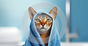 Cute Abyssinian cat covered with a blue towel. Funny blue-colored Abyssinian cat in the bathroom background. Animal Hygiene and