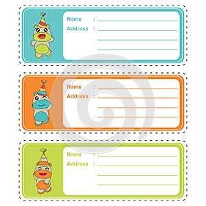 Cute address label with cartoon of cute baby hippos on colorful background suitable for kid address label