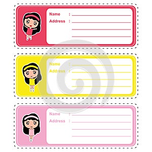 Cute address label cartoon with cute colorful girls on pastel color suitable for kid address label