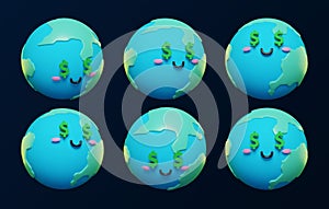 Cute and adorable 3d Earth with dollar symbols emoji character emoticons vector set. 3d cartoon Earth icons. EPS10