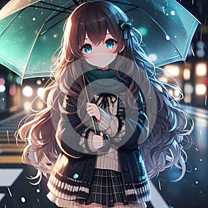A cute and adorable anime girl standing in a roadside holding an umbrella, a rainning night, lights, anime style, wallpaper