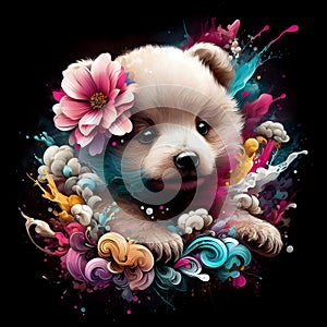 Cute and adorable baby bear in splash art of colorful flower and smokes, animal abstract design