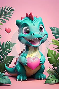 A cute and adorable baby dinosaur holding a pink heart, with wildplants, cartoon style, pastel colors in background, wallpaper art photo