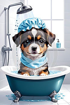 A cute and adorable baby dog in a bath time, posing in chill and dynamic, wearimg a shower cap, cute scenery, animal art