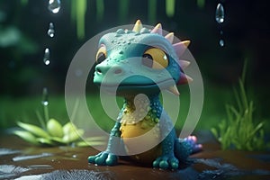 a cute adorable baby dragon lizard on rain 3D Illustation stands in nature in the style of children-friendly cartoon animation